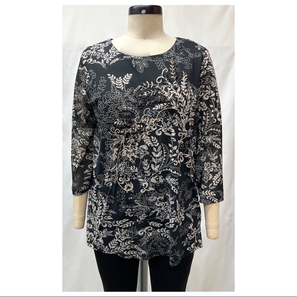 CJ Banks Black Multicolor Embellished 3/4 Sleeve Knit Printed Mesh Blouse - Picture 1 of 15